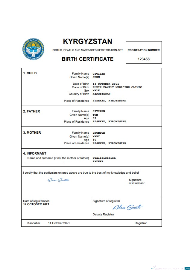 Download Kyrgyzstan birth certificate Word and PDF template Photoshop template